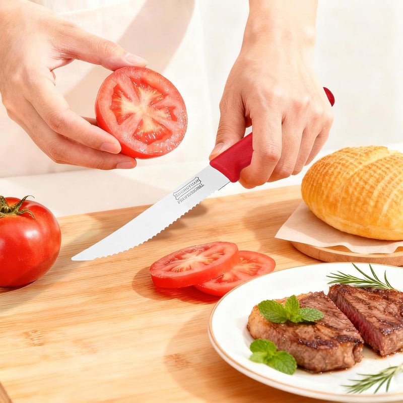 Professional Tomato Knife Set with Onion Holder - 3 Pack Serrated Stainless Steel Blades for Slicing Tomatoes, Bread, Steak - Multi-Color Ergonomic Handles, Kitchen Gadgets & Assistant Tool